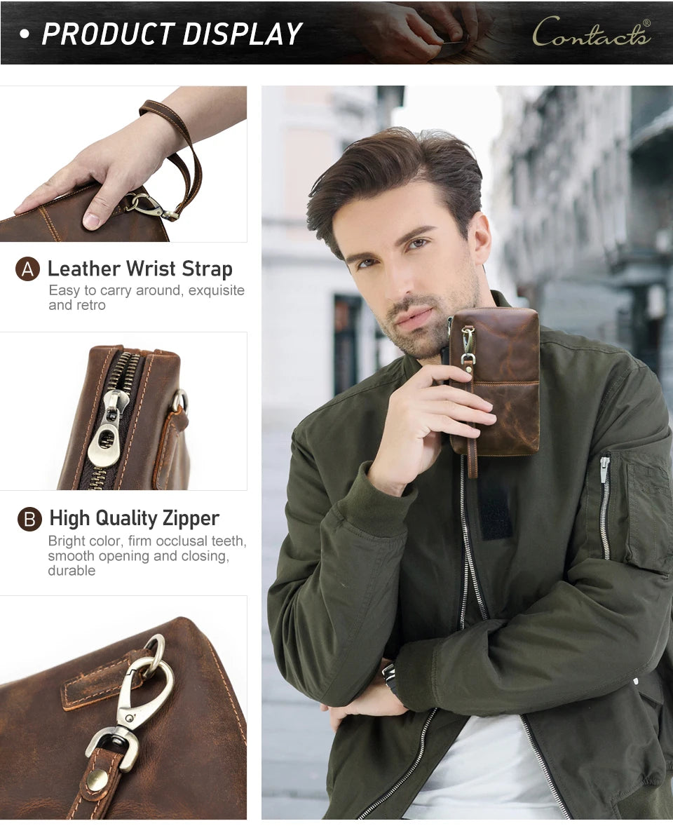 Braune Herren-Lederclutch am Handgelenk mit Trageschlaufe und Reißverschluss