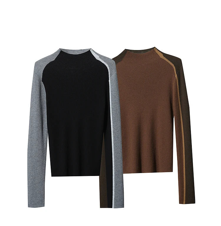 Damen-Halbrollkragen-Pullover Slim asymmetrisch Kontrast Winter