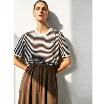 Damen-Rundhalspullover Colorblock Streifen Kurzarm locker Viskose Sommer