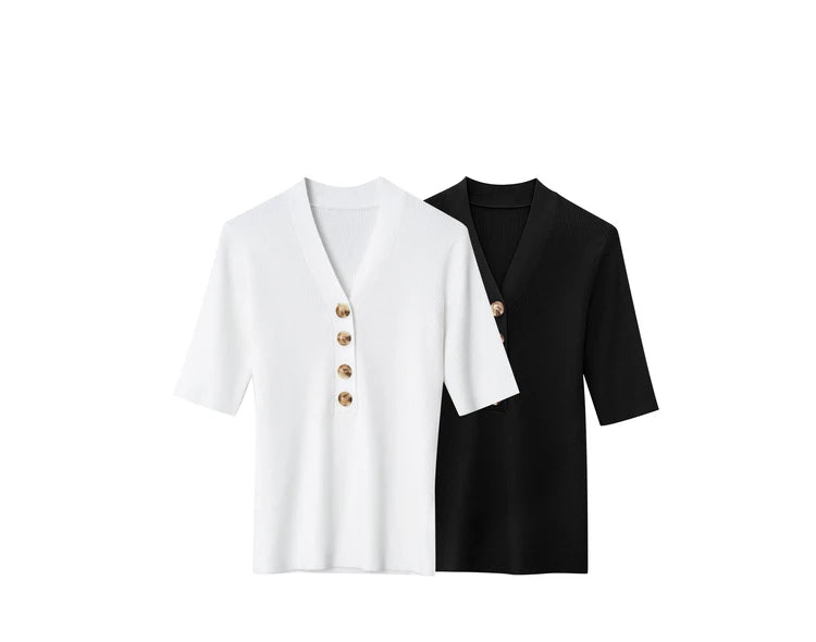 Damen T-Shirt im minimalistischen Stil mit V-Ausschnitt und halben Ärmeln