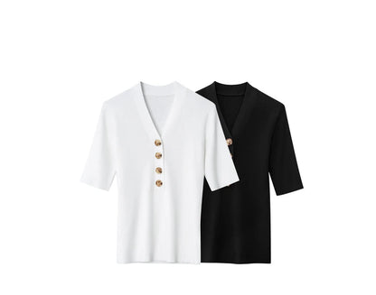 Damen T-Shirt im minimalistischen Stil mit V-Ausschnitt und halben Ärmeln