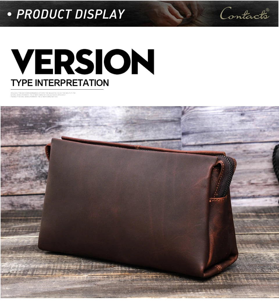 Braune Herren-Leder-Clutch mit Metallreißverschluss und gerader Vorderkante.