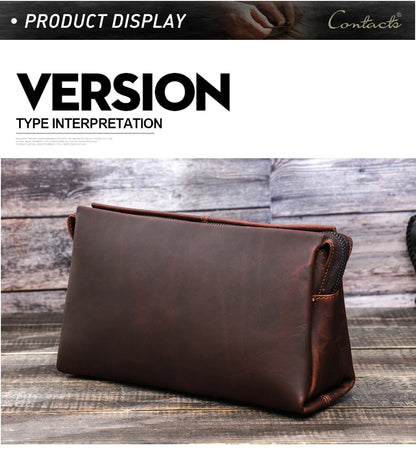 Braune Herren-Leder-Clutch mit Metallreißverschluss und gerader Vorderkante.