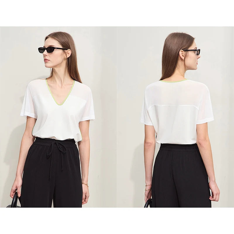 Damen T-Shirt im Minimalismus-Stil mit V-Ausschnitt und Kontrastnähten