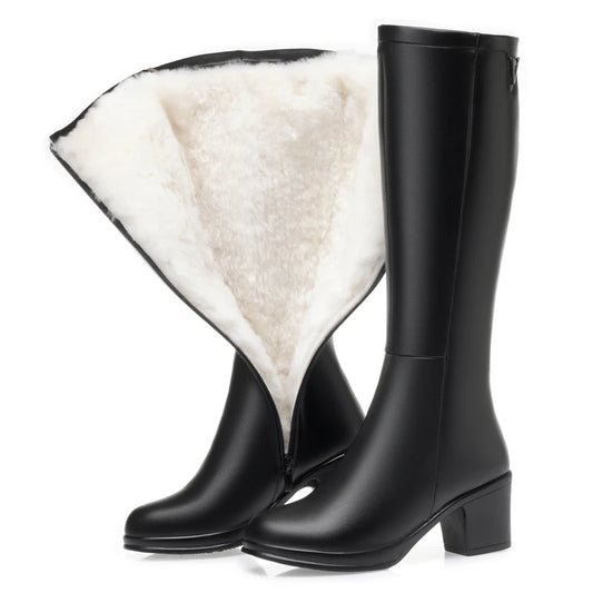 AIYUQI  Women Knight Boots Genuine Leather 2025 New Wool Warm Women Winter Boots Round Toe High Heels Fashion Women Long Boots