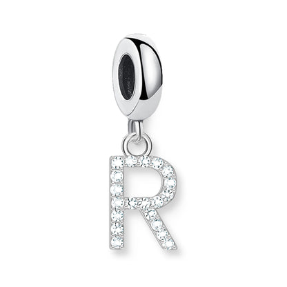 Baumelnder Buchstaben-Anhänger (R) aus 925er Sterling Silber mit weißem Steinbesatz
