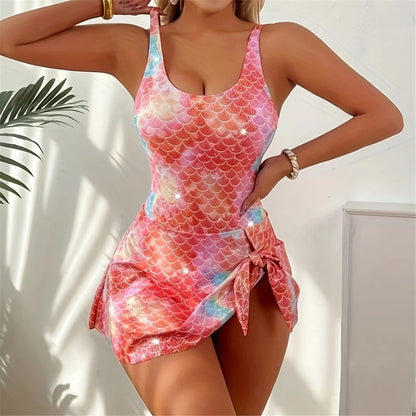 Damen-Badeanzug Fischschuppen-Print Monokini gepolstert V-Ausschnitt