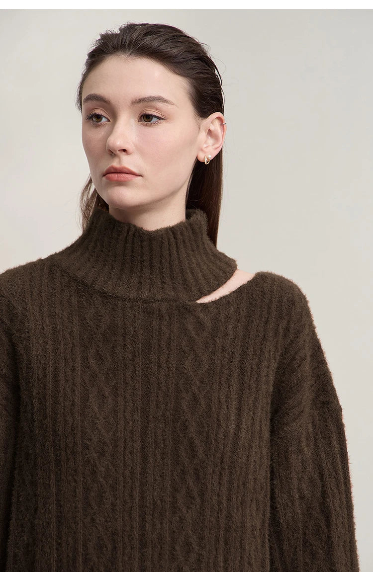 Damen-Rollkragenpullover Hohlstrick Viskose locker lang Raglan Herbst