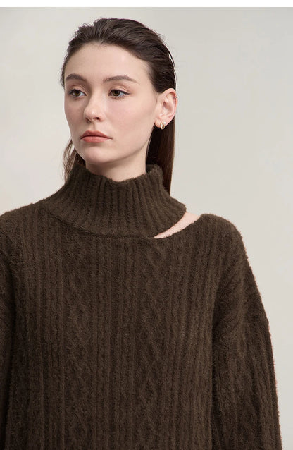 Damen-Rollkragenpullover Hohlstrick Viskose locker lang Raglan Herbst