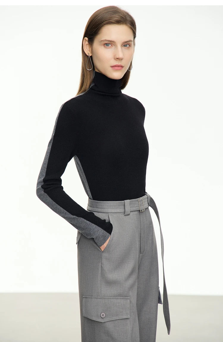 Damen-Rollkragenpullover Wolle-Mix Patchwork schlank Winter