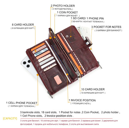Damen Echtleder Lange Geldbörse Vintage Clutch Reißverschluss Handytasche Kartenhalter