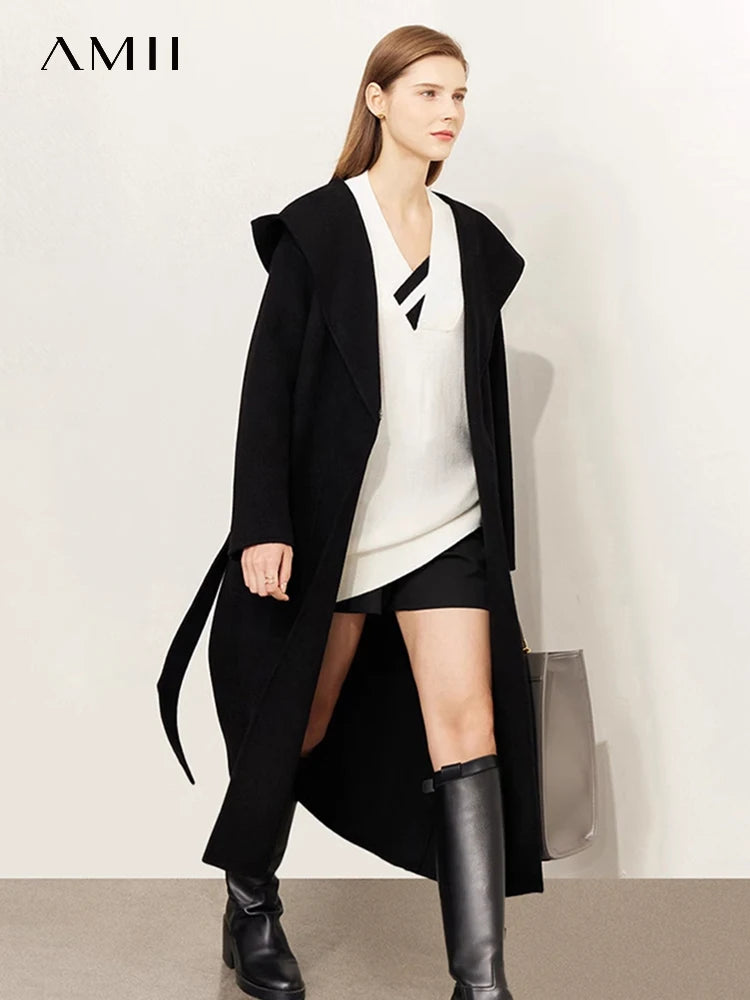 Damen Winter Mantel aus Wolle mit Kapuze und doppeltem Gürtel