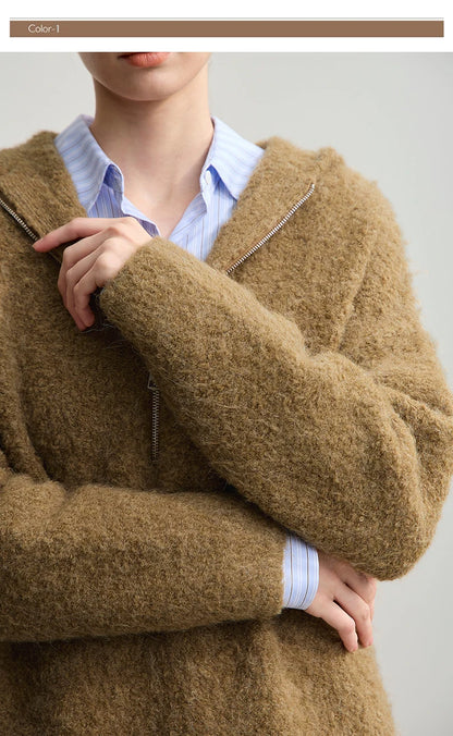 Damen-Kapuzenpullover Wolle Reißverschluss locker dick warm Winter