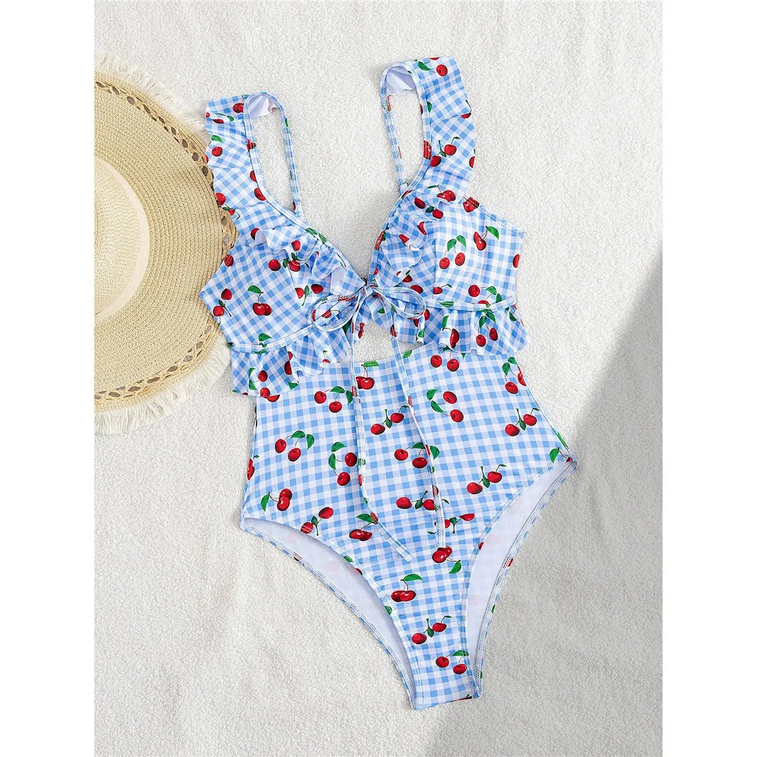 Damen Badeanzug Kirschen Karo Cut-Out Rüschen hoher Beinausschnitt Monokini
