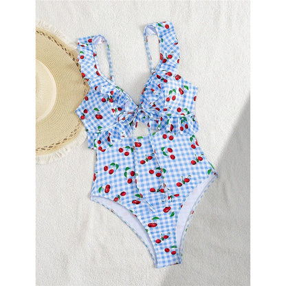Damen Badeanzug Kirschen Karo Cut-Out Rüschen hoher Beinausschnitt Monokini