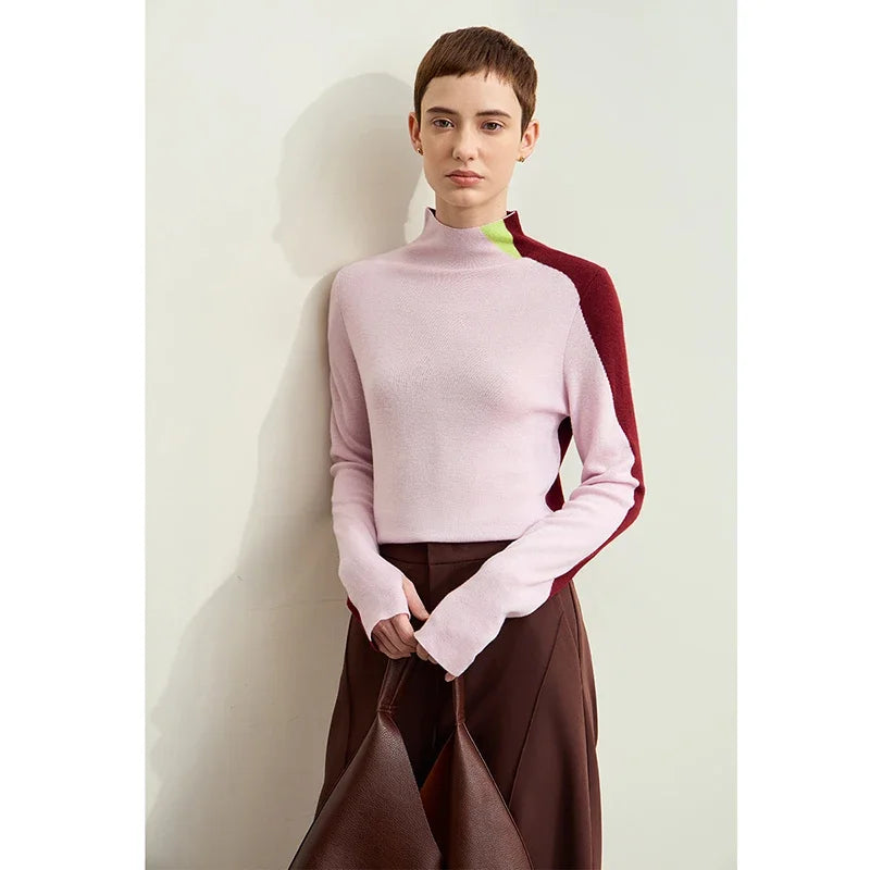 Damenpullover mit Stehkragen, Langarm, Patchwork: rosa Vorderteil, roter Ärmel