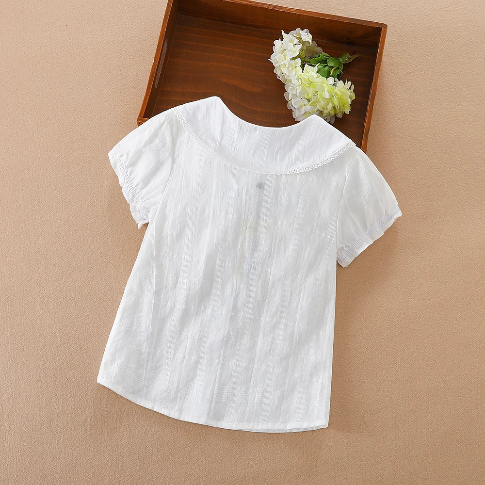 Mädchen Bluse Shirts Sommer Kurzarm Baumwolle Schöne Spitze Kausalen Weiß Tops Kinder Hohe Qualität Kleidung