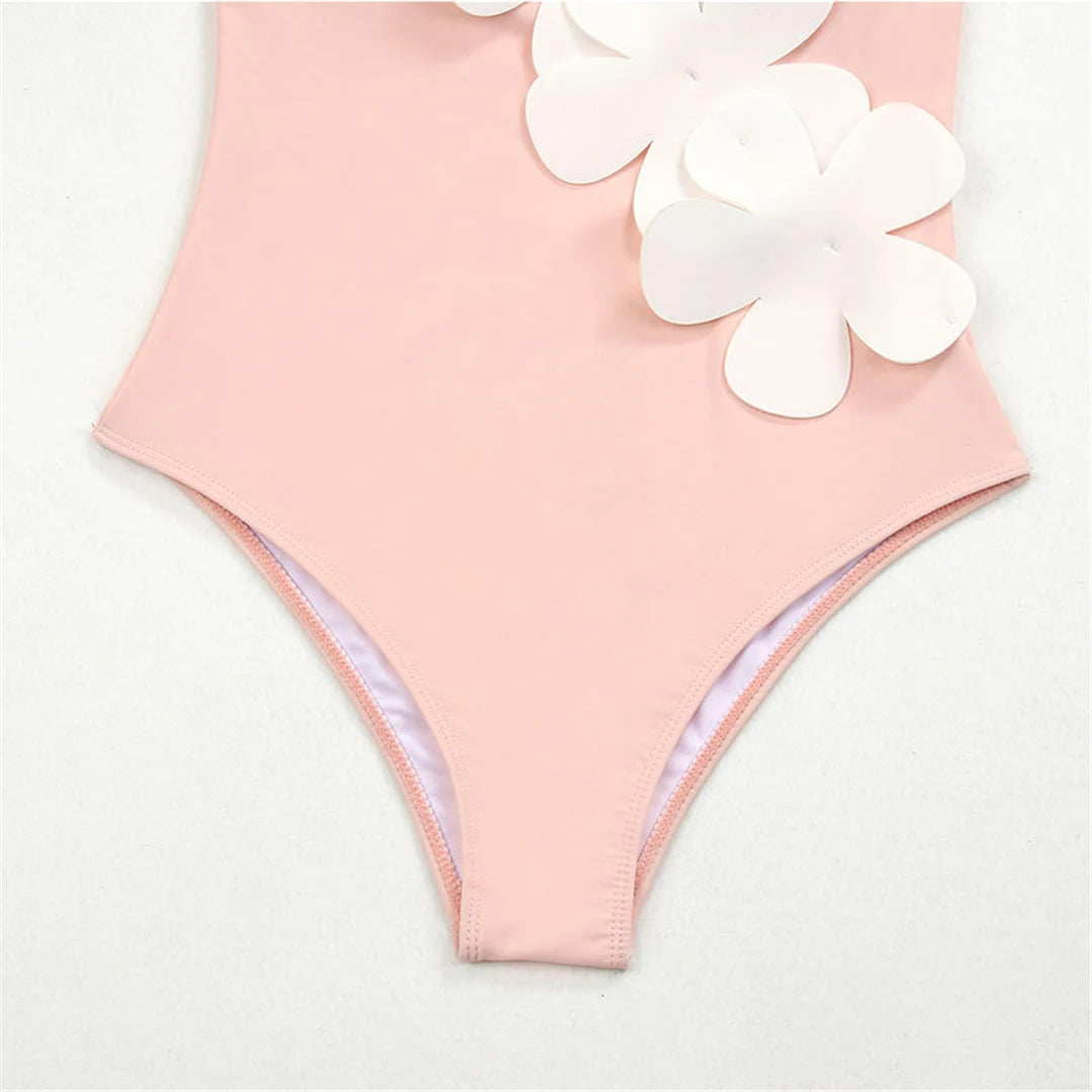 Damen Badeanzug Sarong 3D-Blumen tiefer V-Ausschnitt hoher Beinausschnitt