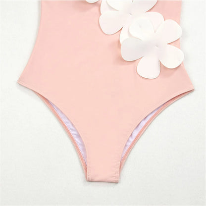 Damen Badeanzug Sarong 3D-Blumen tiefer V-Ausschnitt hoher Beinausschnitt