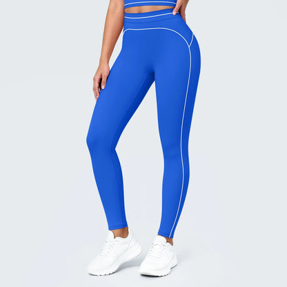 Nahtlose Yoga-Leggings mit hoher Taille, blau, glatte Optik und seitliche Kontrastkanten.