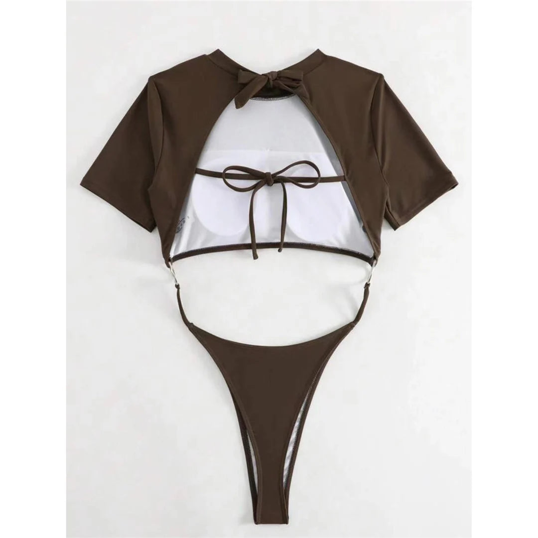 Damen Badeanzug Micro Tanga Cut-Out Monokini Kurzarm 9 Farben