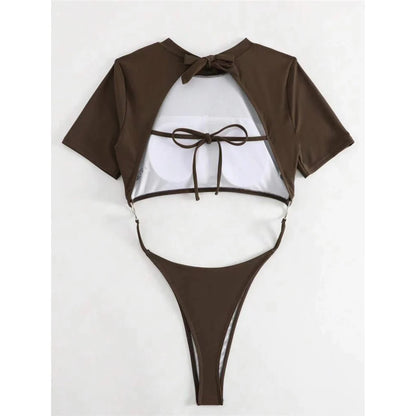 Damen Badeanzug Micro Tanga Cut-Out Monokini Kurzarm 9 Farben