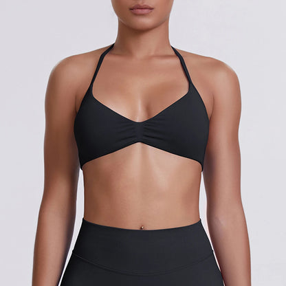 Yoga-BH mit Nackenriemen für Frauen, schwarz, Triangel-Cups, geraffte Mittelnaht