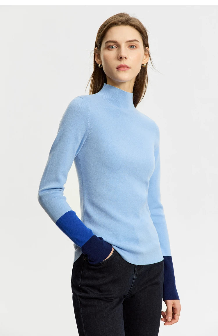 Damen-Halbrollkragen-Pullover Slim Farbkontrast Wolle-Mix Winter