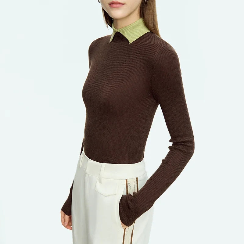 Damen-Pullover aus Strick mit Umlegekragen, braun, schmal geschnitten