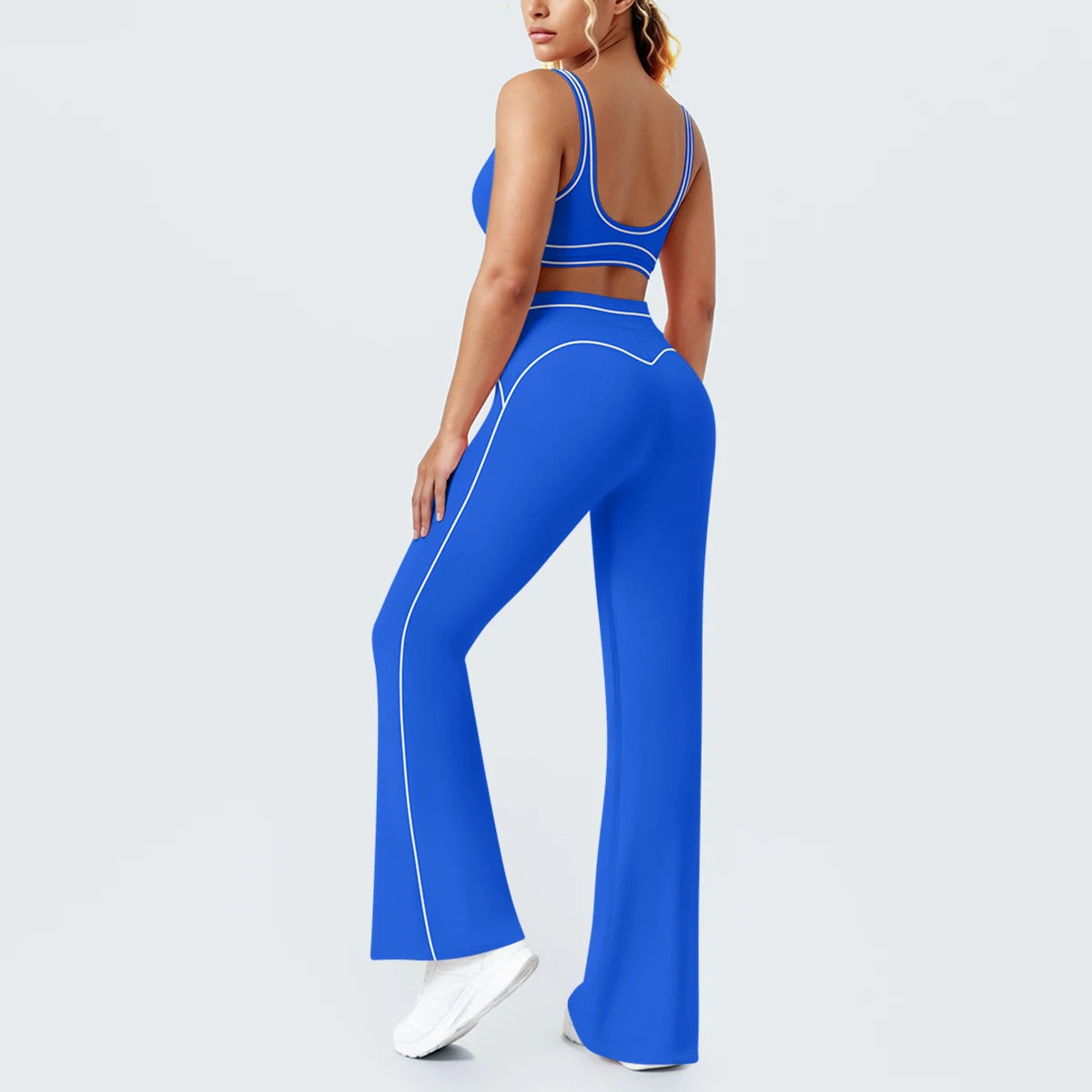 Damen Yoga-Set in Blau: Sport-BH mit Brustpolstern, weite Hose mit Kontrastverlauf