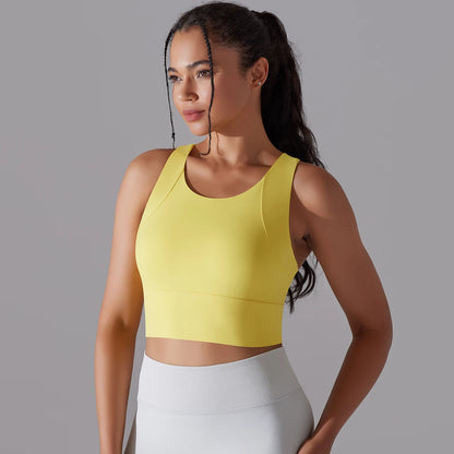 Gelbes Yoga-Top für Damen, ärmellos, schmaler Schnitt, Rundhalsausschnitt