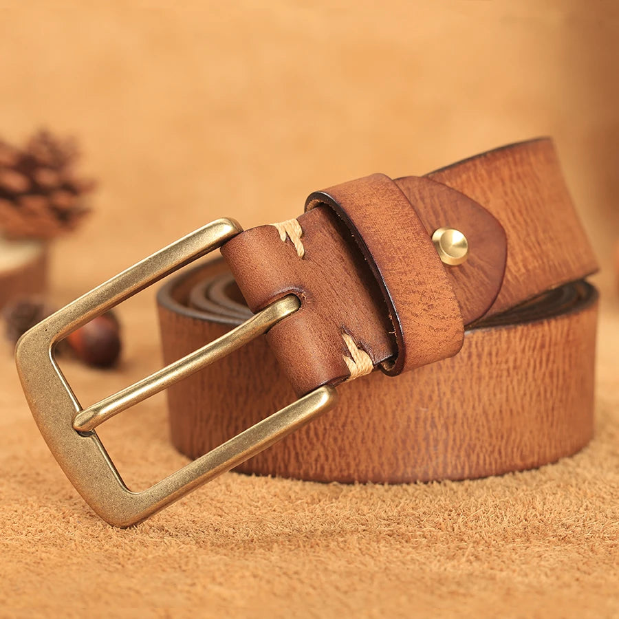 Herren Echtleder-Gürtel Vintage Kupferschnalle Handgemacht Rindsleder Jeans 3,8 cm