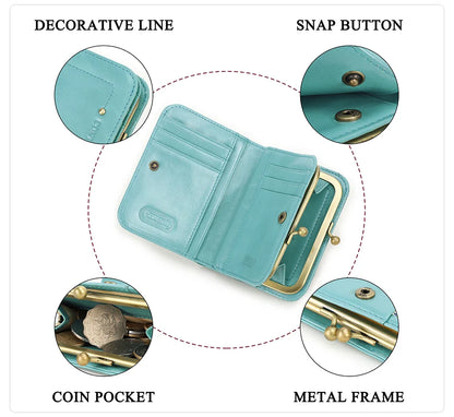 Damen Echtleder Geldbörse Vintage Metallrahmen RFID 6 Kartenfächer Münzfach Reise
