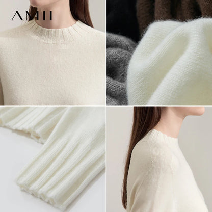 AMII Wollpullover Close-up: Rundhals, langarm, feiner Rippenstrick in Creme