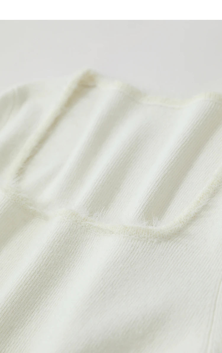 Beiger Damen-Pullover mit quadratischem Ausschnitt und Rippenstrick, Langarm