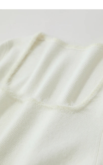 Beiger Damen-Pullover mit quadratischem Ausschnitt und Rippenstrick, Langarm