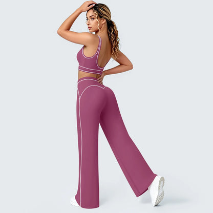 Damen Yoga-Set in Mauve: Sport-BH mit Brustpolstern und weite Hose mit Kontrastnähten
