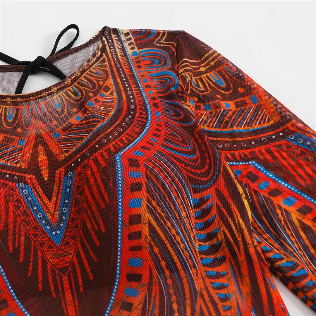 Damen-Badeanzug 3-teilig Print Langarm Sarong-Set gepolstert