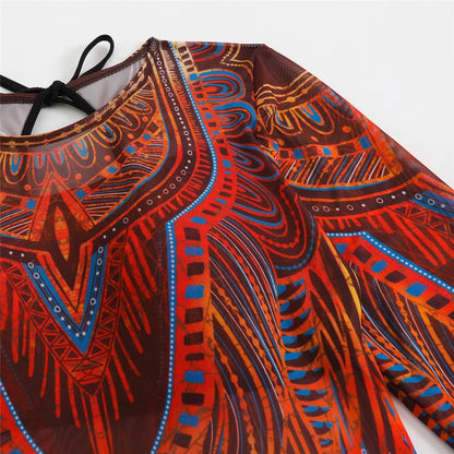 Damen-Badeanzug 3-teilig Print Langarm Sarong-Set gepolstert