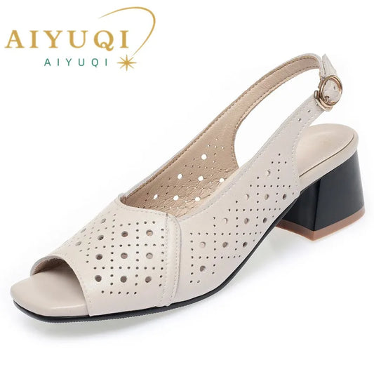 AIYUQI Sandalen für Damen, Sommer, 2022, neue Fishmouth-Sandalen aus echtem Leder, Blockabsatz, große Größe, Sandalen für Mütter mittleren Alters
