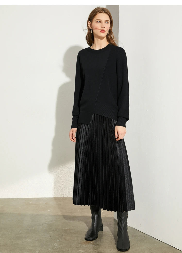 Damenpullover, schwarz, Rundhalsausschnitt, lange Ärmel, unifarbene Strickoptik
