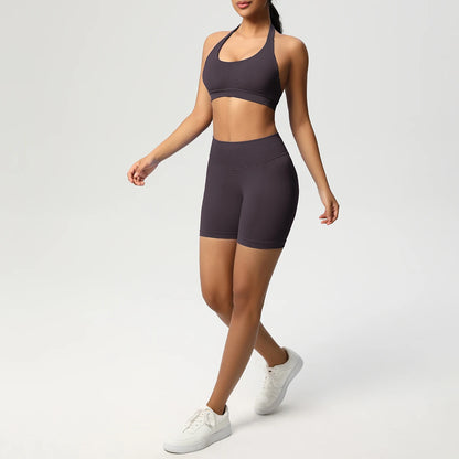 Nahtloses Yoga-Set mit Push-up BH und Shorts, dunkelblau