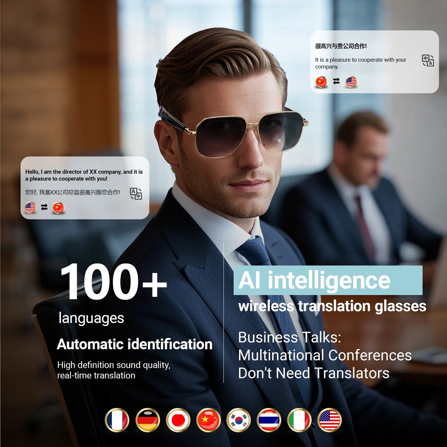 LIGE Intelligente Bluetooth-Brille AI Intelligente Übersetzung Echtzeit-Simultan-Interpretation Headset Drahtlose Anruf-Sonnenbrille