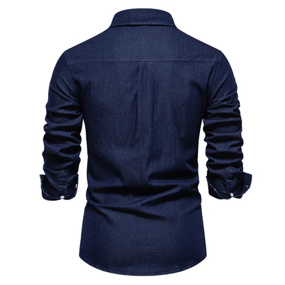 Herren Hemd aus Baumwolle im einfarbigen Denim-Look mit Tasche