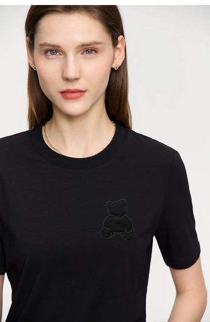Damen Top im minimalistischen Stil mit Bären-Applikation und O-Ausschnitt
