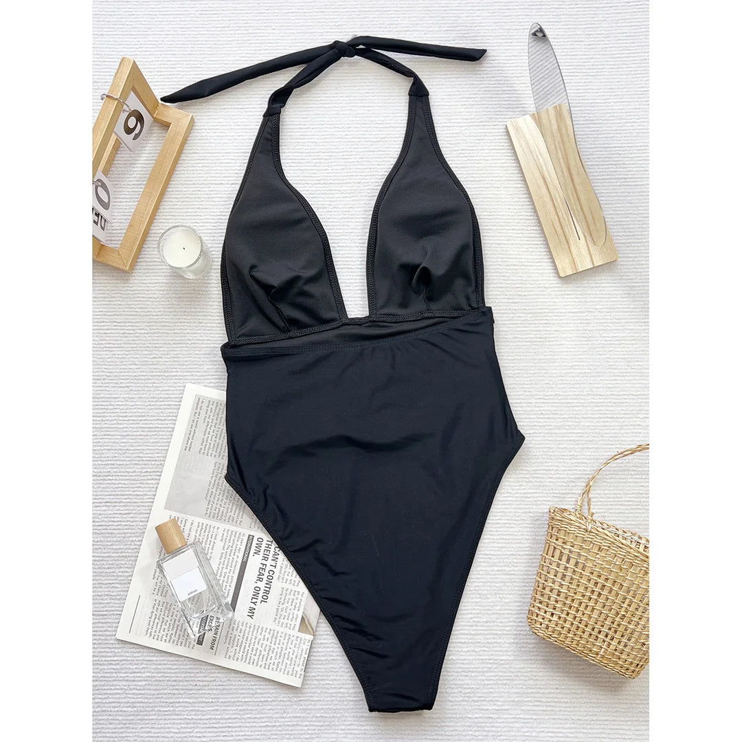Damen Badeanzug tiefer V-Ausschnitt Neckholder gerüscht hoher Beinausschnitt Monokini