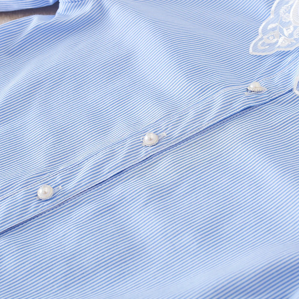 Mädchen-Langarmshirt, Kinder-Bluse mit Spitzenkragen, passend für Kinder im Alter von 5 bis 12 Jahren, 100 % Baumwolle, blau gestreifte Kleidung für Kinder