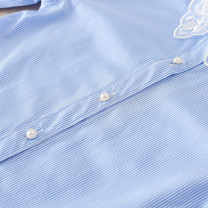 Mädchen-Langarmshirt, Kinder-Bluse mit Spitzenkragen, passend für Kinder im Alter von 5 bis 12 Jahren, 100 % Baumwolle, blau gestreifte Kleidung für Kinder