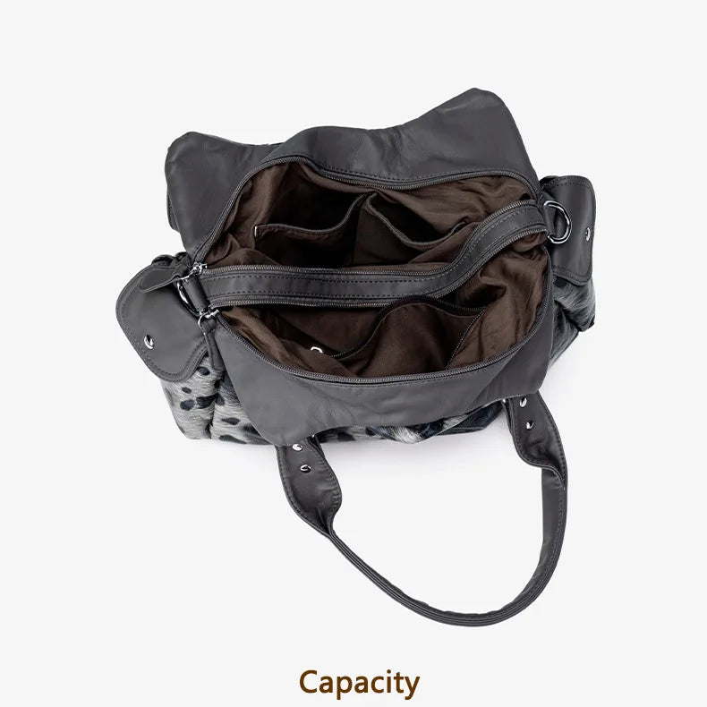 Damen-Hobo-Tasche aus gewaschenem Leder mit grau-Leoparden-Print und mehreren Fächern und viel Stauraum