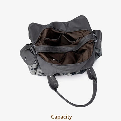 Damen-Hobo-Tasche aus gewaschenem Leder mit grau-Leoparden-Print und mehreren Fächern und viel Stauraum